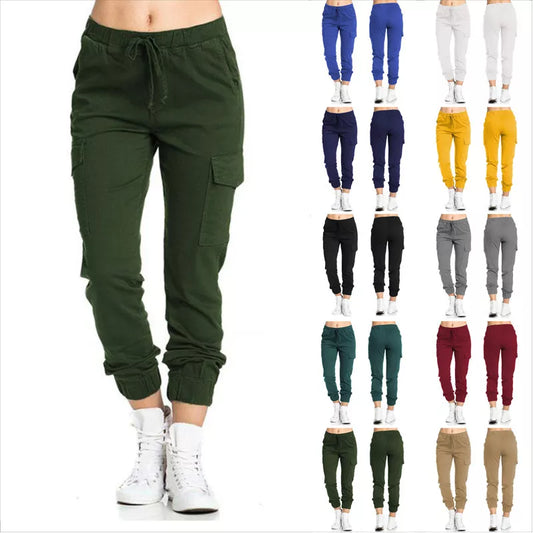 2024 New Solid Jogger Women's Cargo Pants Multi-Pocket Drawstring Elastic Waist Women Sports Pants Streetwear Casual Long Pant